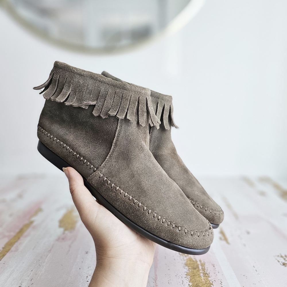 Aerosoles Linbo Taupe Suede Leather Fringe Ankle Boho Boots Size 8.5
